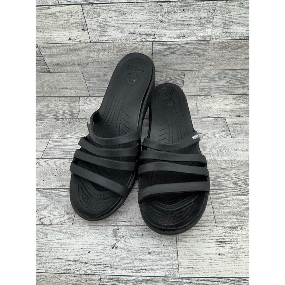 Crocs Women's‎ Rhonda Black Multi Strap Wedge Sandals Slides Comfort Size 11